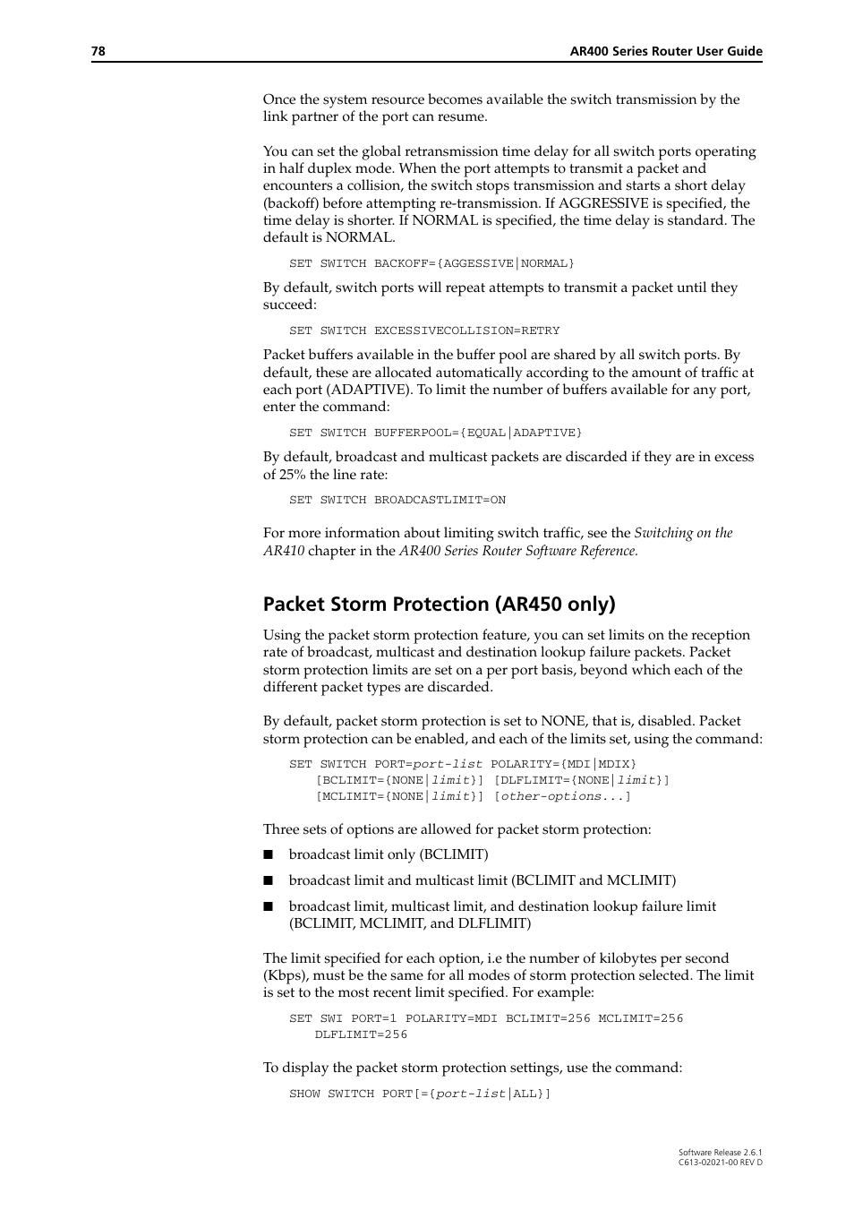 Packet storm protection (ar450 only) | Allied Telesis AR400 Series Router User Manual | Page 78 / 131