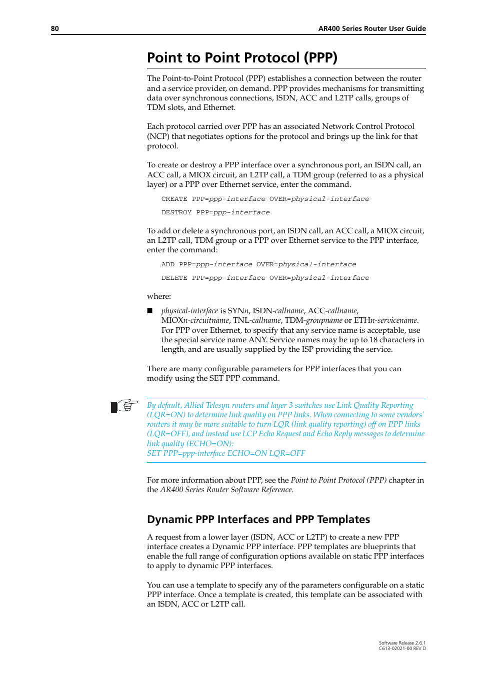 Point to point protocol (ppp), Dynamic ppp interfaces and ppp templates | Allied Telesis AR400 Series Router User Manual | Page 80 / 131