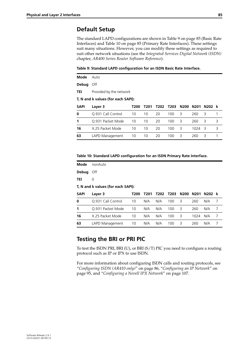 Default setup testing the bri or pri pic, Default setup, Testing the bri or pri pic | Allied Telesis AR400 Series Router User Manual | Page 85 / 131
