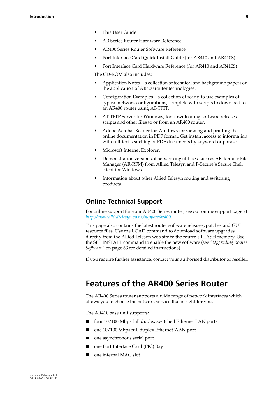 Features of the ar400 series router, Online technical support | Allied Telesis AR400 Series Router User Manual | Page 9 / 131