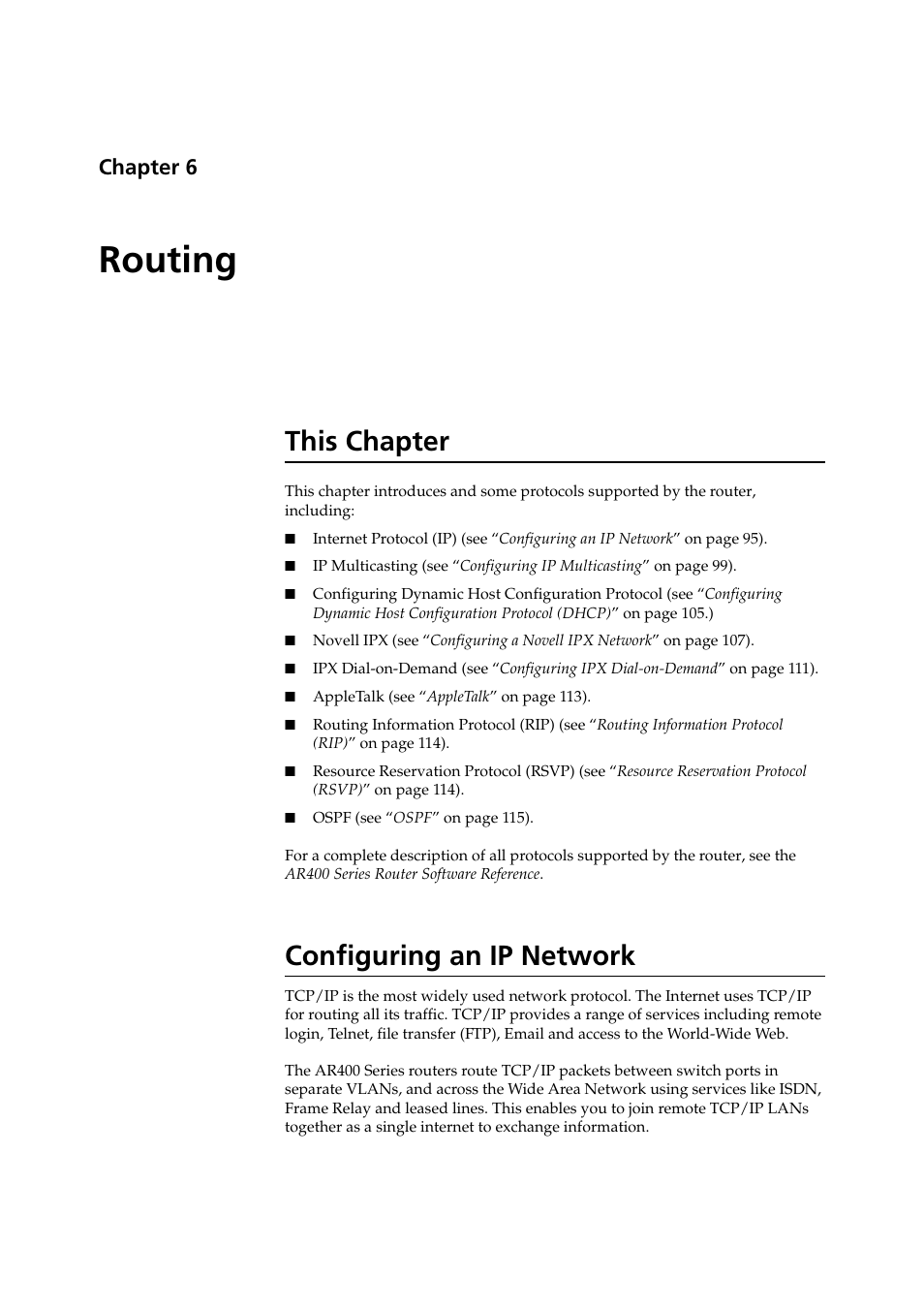 Routing, This chapter, Configuring an ip network | Chapter 6, This chapter configuring an ip network, Chapter 6, routing | Allied Telesis AR400 Series Router User Manual | Page 95 / 131