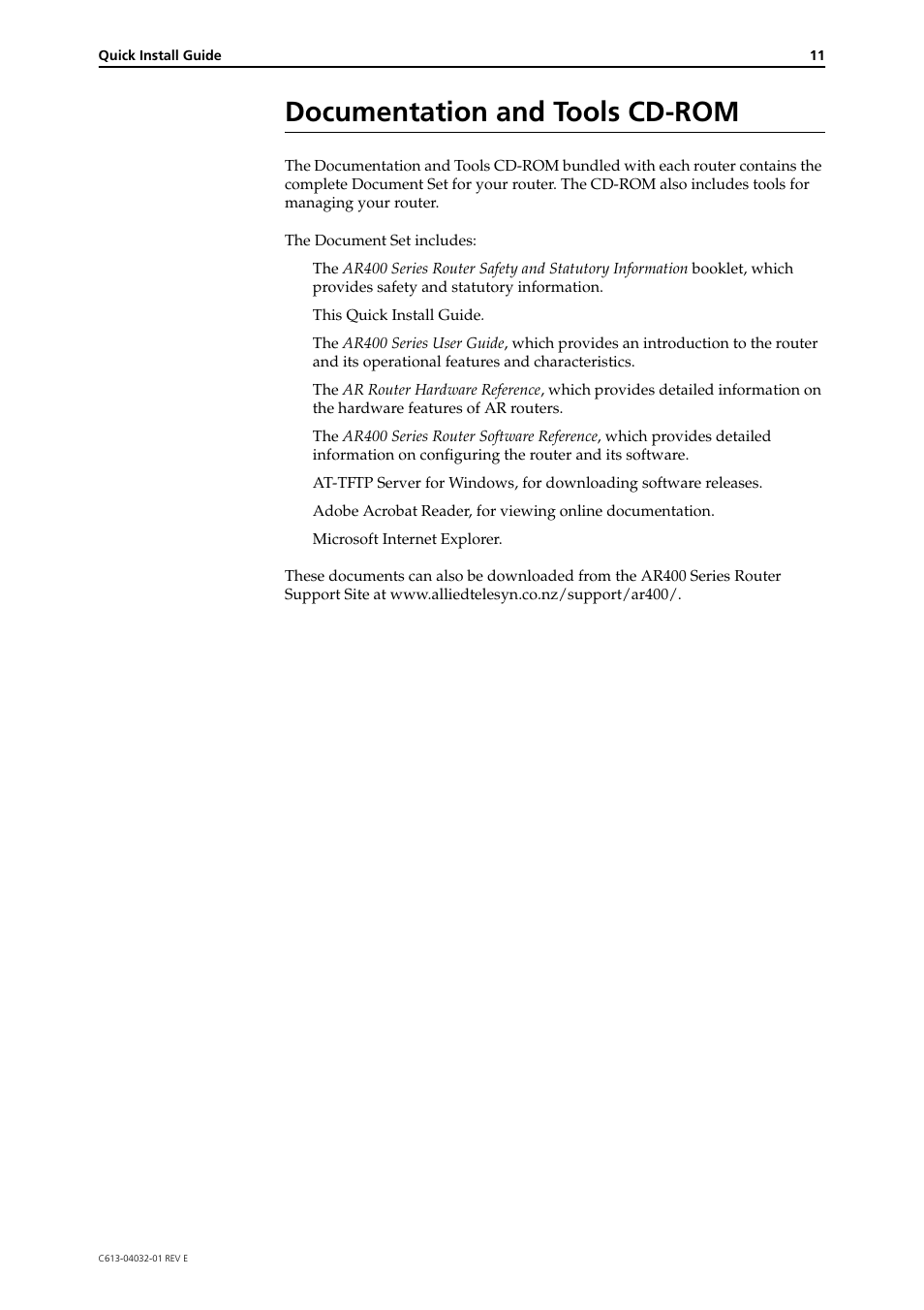 Documentation and tools cd-rom | Allied Telesis AR400 Series Router User Manual | Page 11 / 11