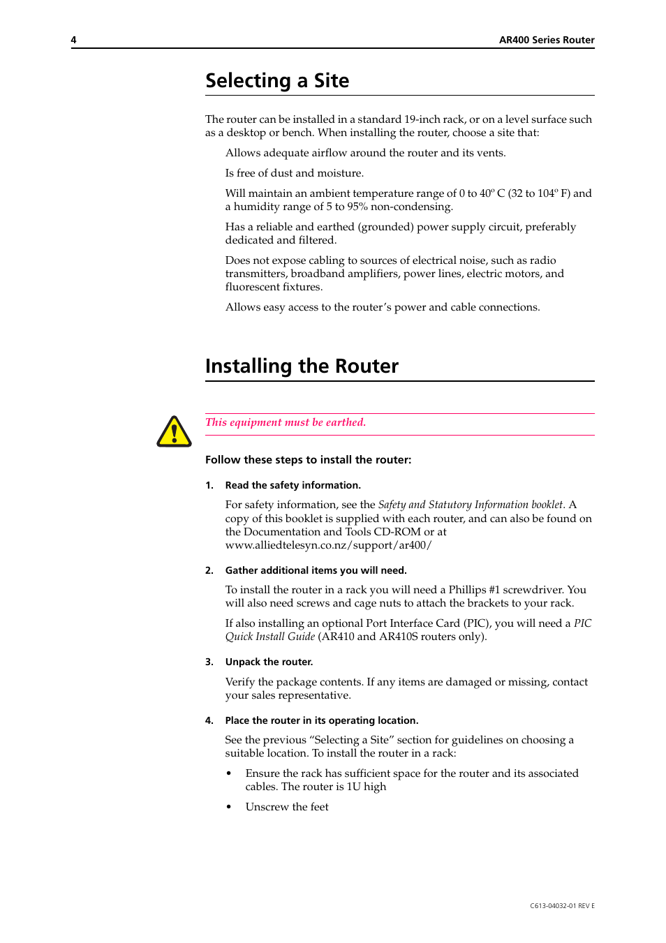 Selecting a site, Installing the router | Allied Telesis AR400 Series Router User Manual | Page 4 / 11