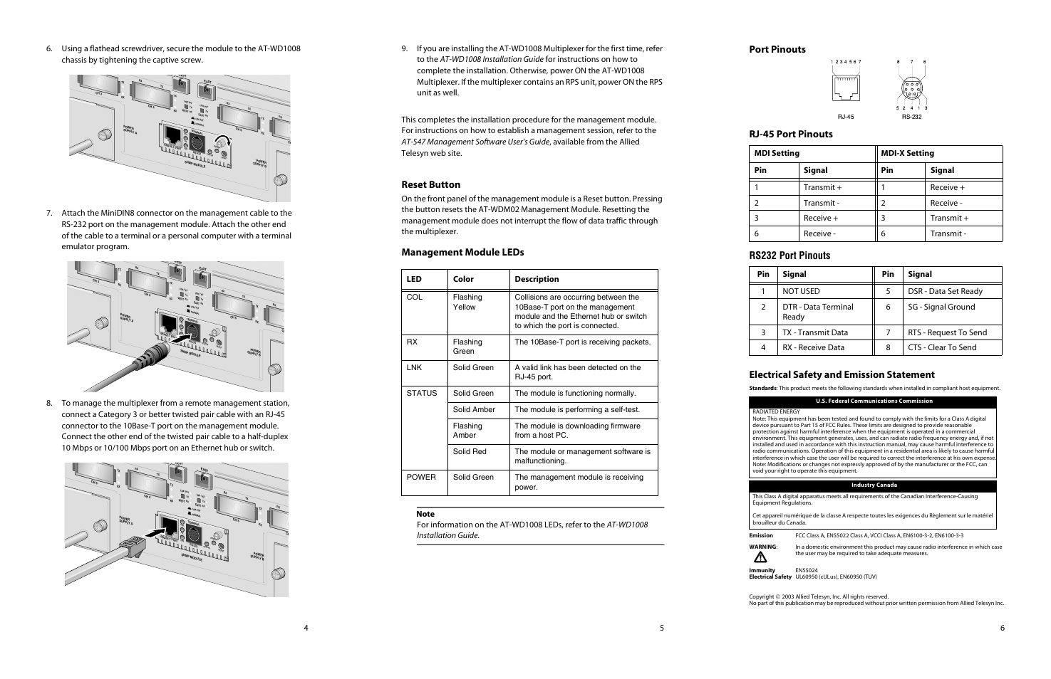 Reset button, Management module leds | Allied Telesis AT-WDM02 User Manual | Page 2 / 2