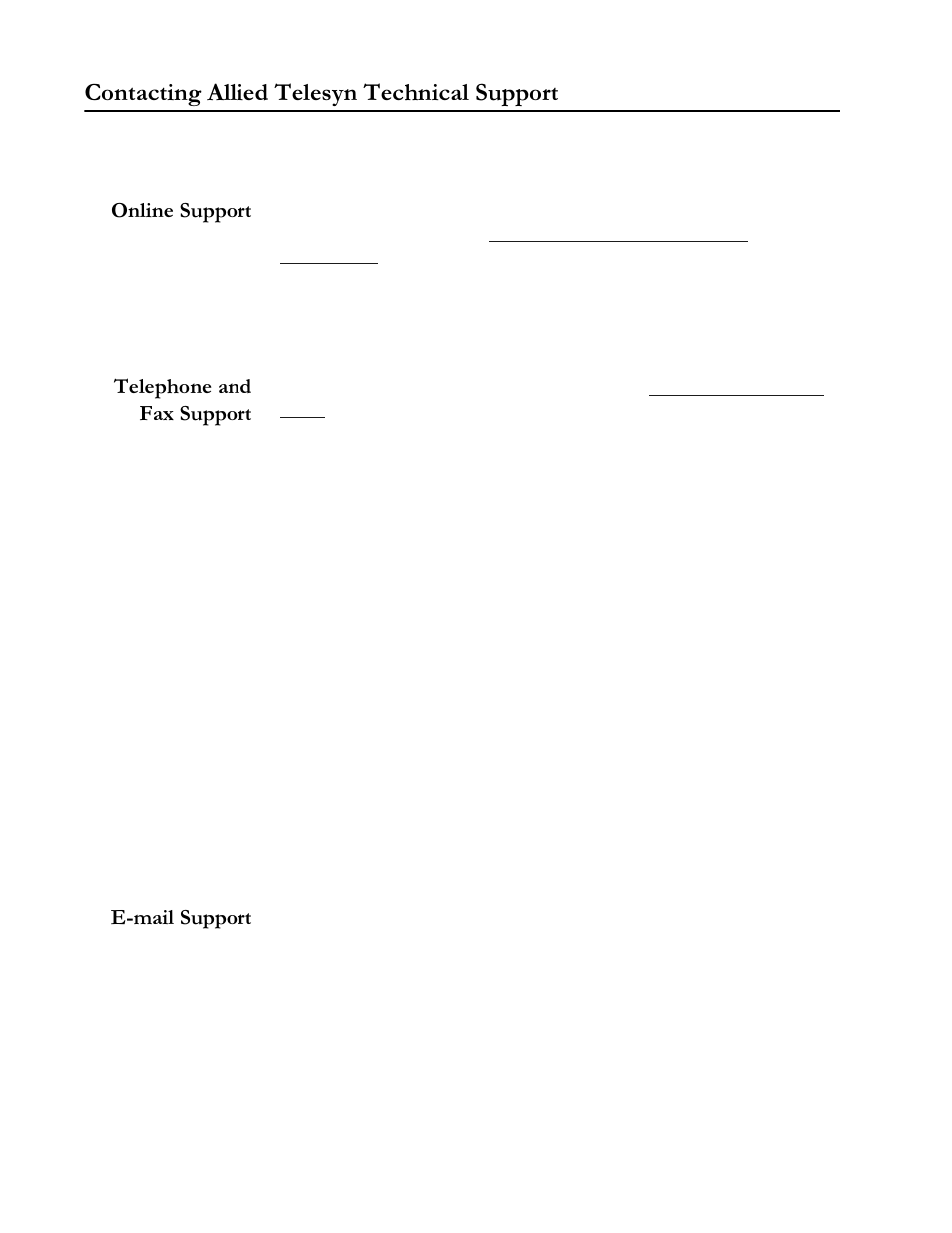 Contacting allied telesyn technical support, Online support, Telephone and fax support | E-mail support, Rqwdfwlqj $oolhg 7hohv\q 7hfkqlfdo 6xssruw, 2qolqh 6xssruw, 7hohskrqh dqg )d[ 6xssruw, Pdlo 6xssruw | Allied Telesis AT-S31 User Manual | Page 9 / 64