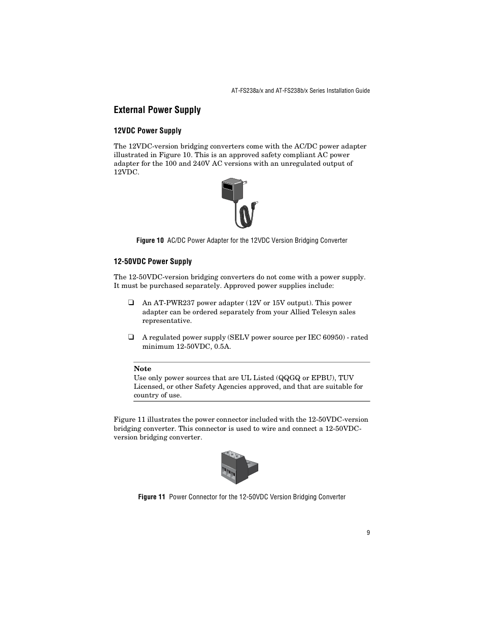 External power supply, 12vdc power supply, 50vdc power supply | Allied Telesis AT-FS238b/2 User Manual | Page 19 / 76