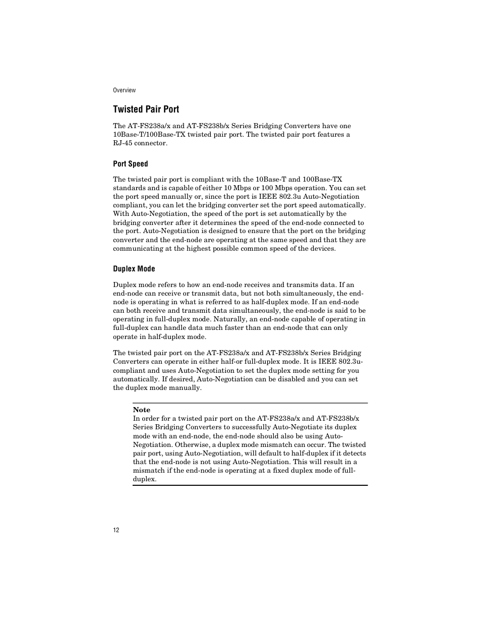 Twisted pair port, Port speed, Duplex mode | Allied Telesis AT-FS238b/2 User Manual | Page 22 / 76