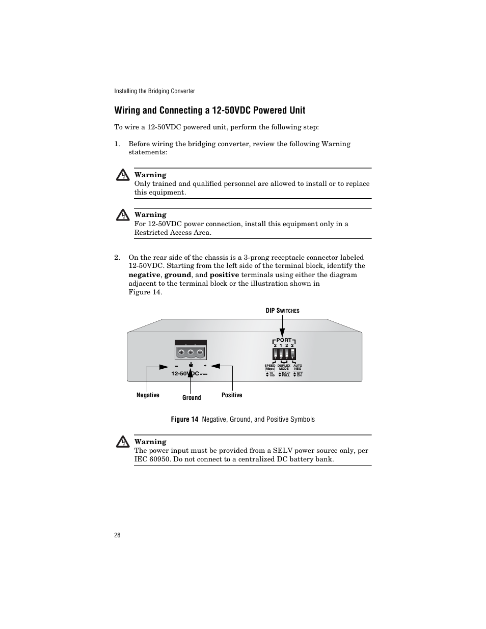 Wiring and connecting a 12-50vdc powered unit | Allied Telesis AT-FS238b/2 User Manual | Page 38 / 76