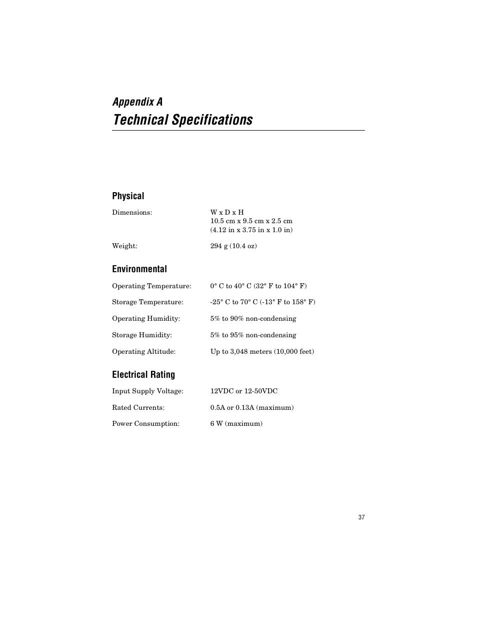 Appendix a, Technical specifications, Physical | Environmental, Electrical rating | Allied Telesis AT-FS238b/2 User Manual | Page 47 / 76