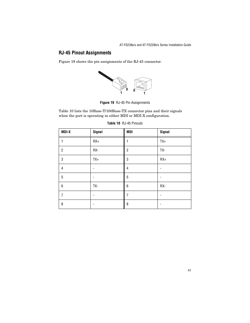 Rj-45 pinout assignments | Allied Telesis AT-FS238b/2 User Manual | Page 51 / 76