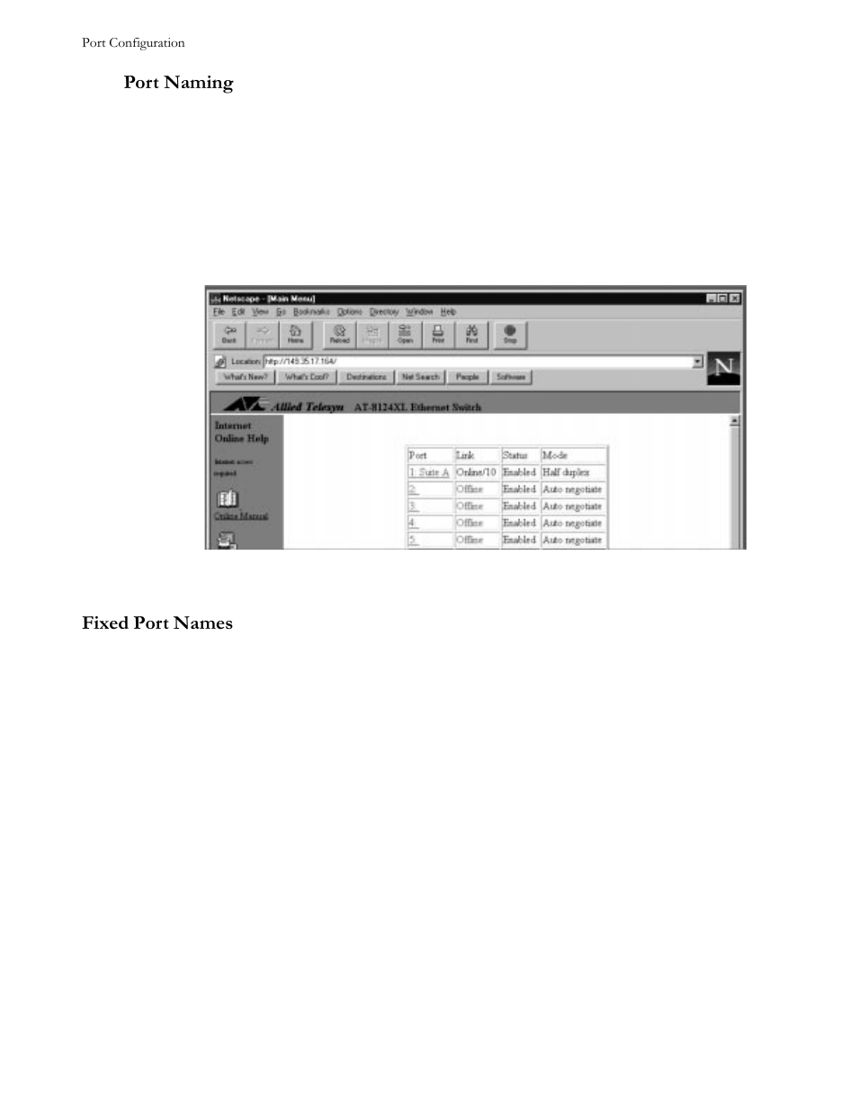 Port naming, To name a port, Figure 32 port list sample | Fixed port names, Port naming -6 fixed port names -6 | Allied Telesis AT-S21 User Manual | Page 38 / 90