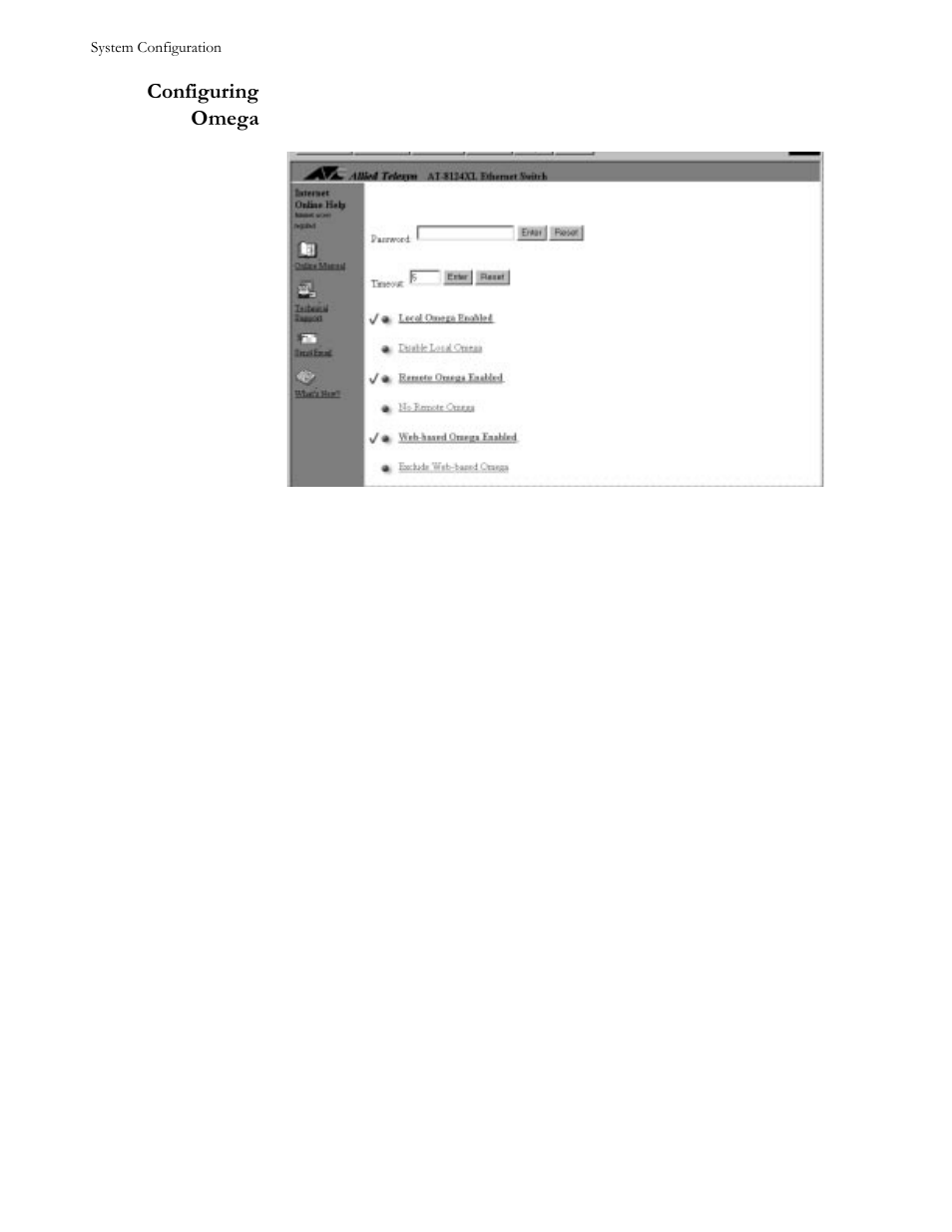Configuring omega, Menu, Figure 34 omega configuration screen | Password, Timeout, Local omega, Remote omega, Web-based omega, Configuring omega -12 | Allied Telesis AT-S21 User Manual | Page 44 / 90