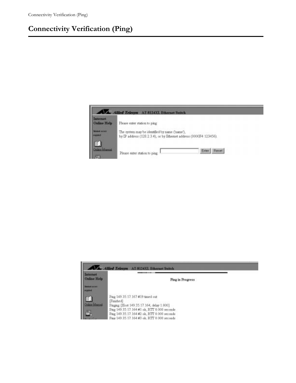 Connectivity verification (ping), Menu, Figure 42 ping menu | Figure 43 ping results, Connectivity verification (ping) -4, Rqqhfwlylw\#9hulilfdwlrq#+3lqj | Allied Telesis AT-S21 User Manual | Page 58 / 90