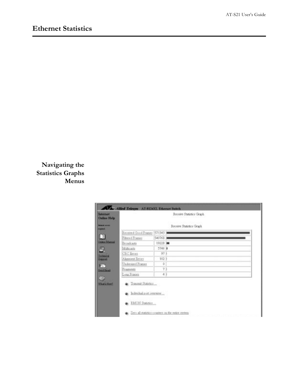 Ethernet statistics, Menu, Navigating the statistics graphs menus | Figure 44 graph of received frames, switch level, Ethernet statistics -5, Navigating the statistics graphs menus -5, Wkhuqhw#6wdwlvwlfv | Allied Telesis AT-S21 User Manual | Page 59 / 90