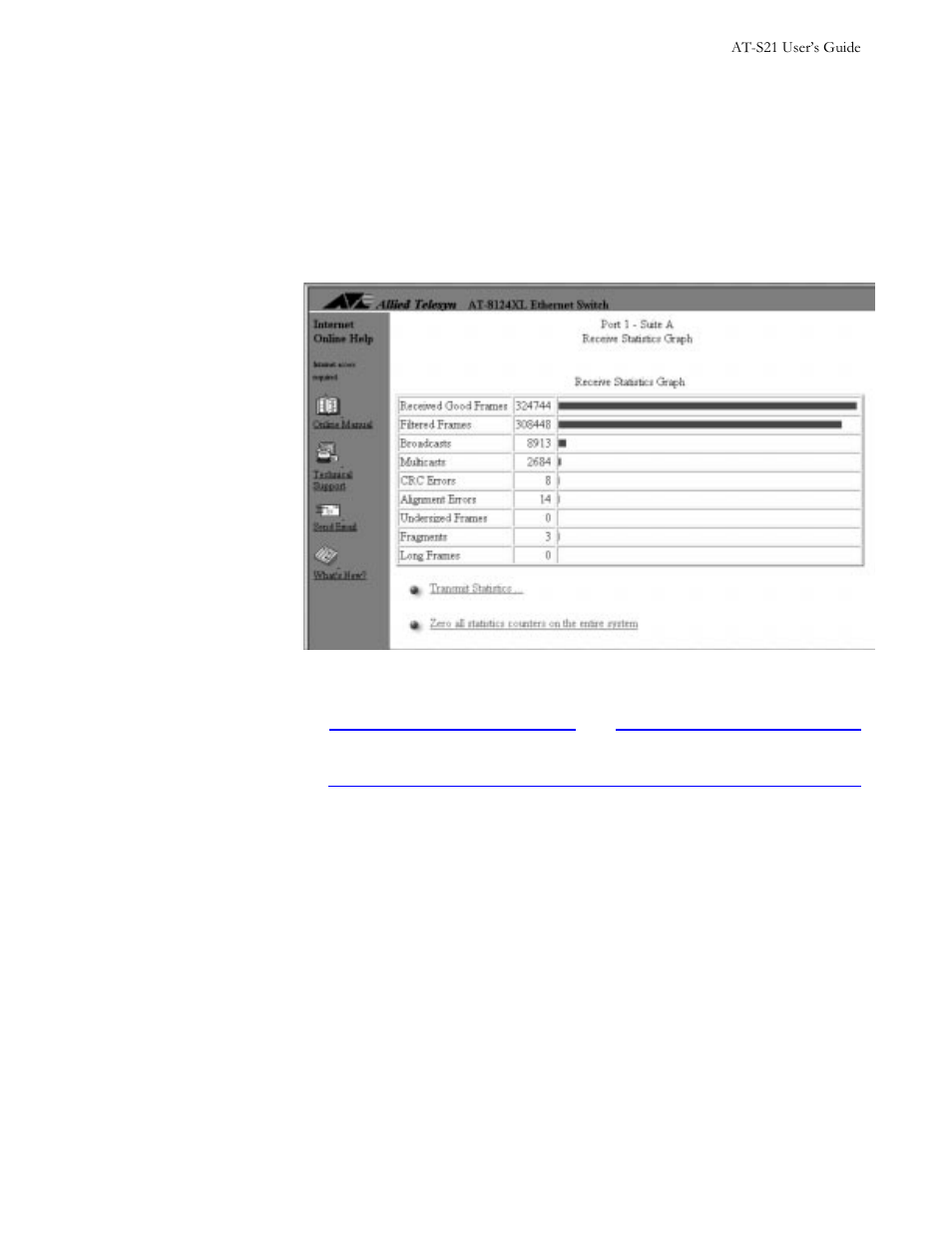To view received statistics per port, Select a port number, for example, port 1, Figure 45 graph of a port’s received frames | To view received statistics per frame type | Allied Telesis AT-S21 User Manual | Page 61 / 90