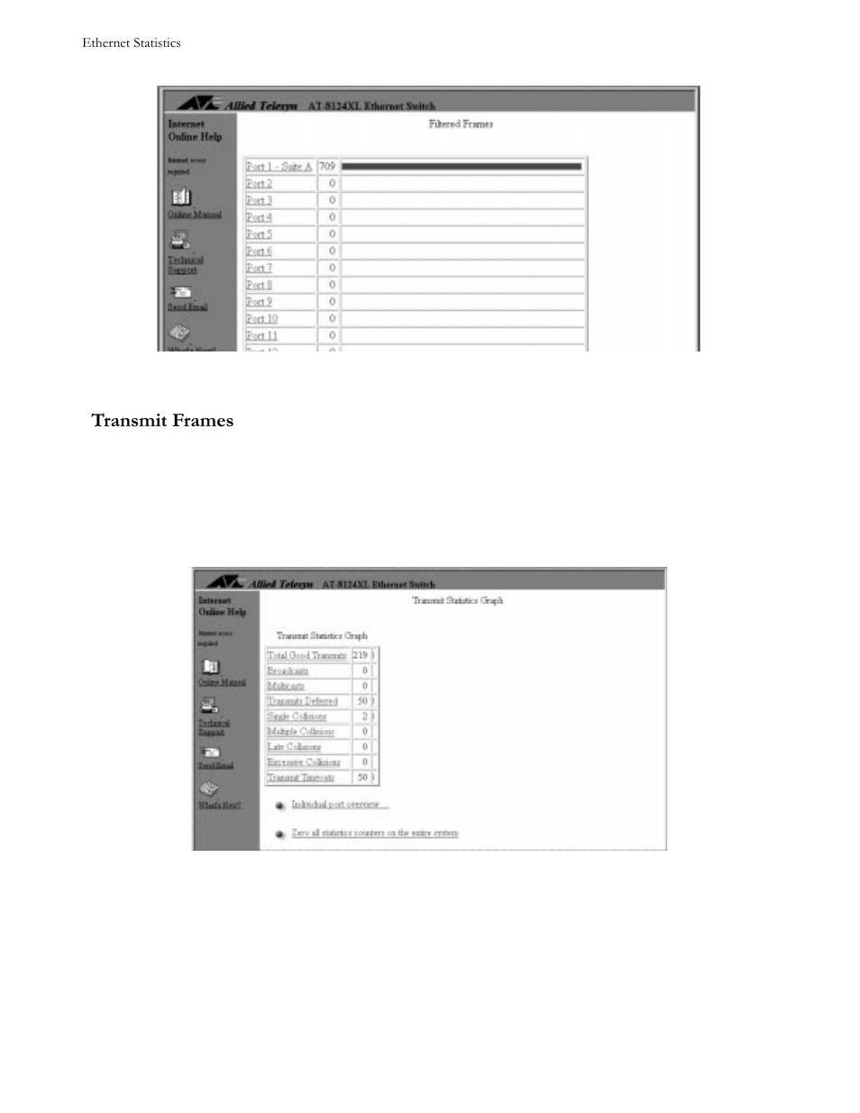 Transmit frames, Menu, To view transmit statistics | Figure 47 sample graph of transmitted frames, Transmit frames -8, R to figure 4-6 | Allied Telesis AT-S21 User Manual | Page 62 / 90