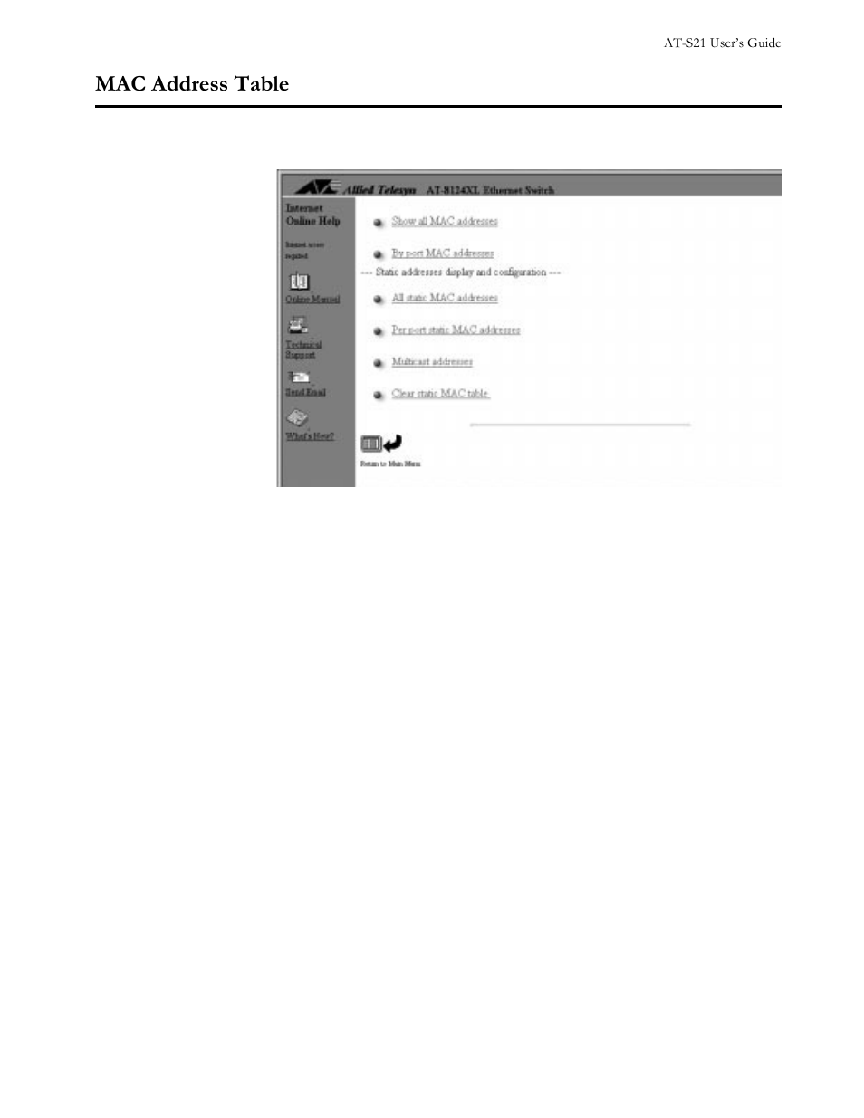 Mac address table, Menu, Figure 48 mac address menu | Mac address table -11, O mac address table, 0$&#$gguhvv#7deoh | Allied Telesis AT-S21 User Manual | Page 65 / 90