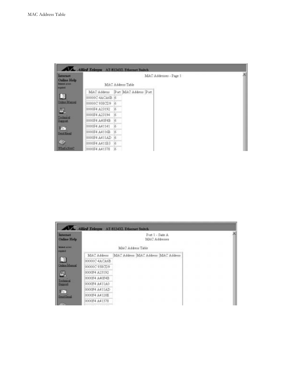 To display the mac address table, Select mac address table from the main menu, Figure 49 sample mac address table | To display the mac address table sorted by port, Figure 410 mac address table sorted by port | Allied Telesis AT-S21 User Manual | Page 66 / 90