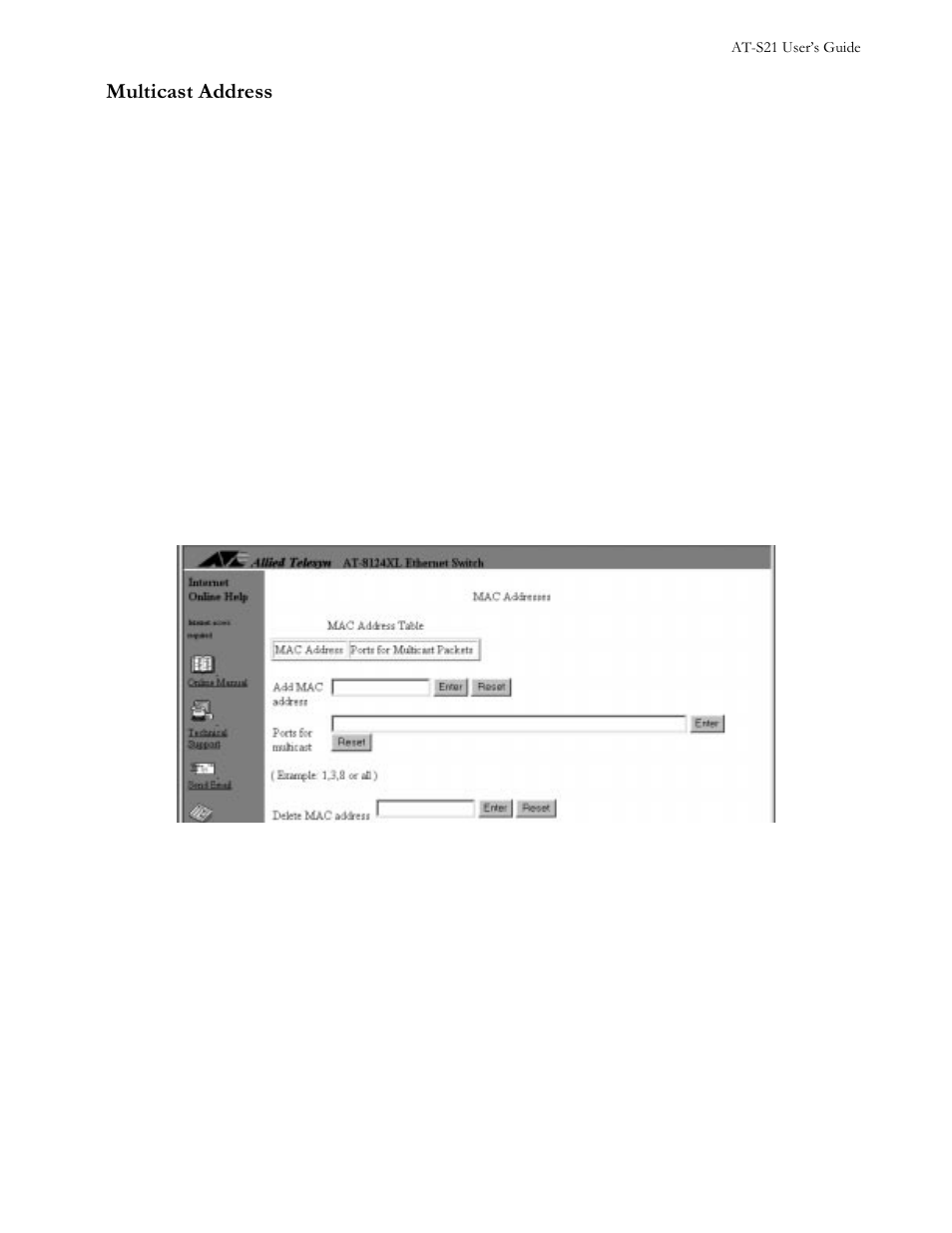 Multicast address, Menu, To configure a multicast address | Figure 411 multicast address menu, Multicast address -13 | Allied Telesis AT-S21 User Manual | Page 67 / 90