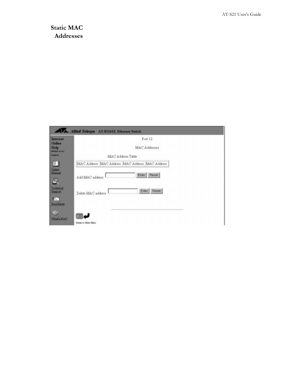 Static mac addresses, Menu, To enter a static address per port | Static mac addresses -15 | Allied Telesis AT-S21 User Manual | Page 69 / 90