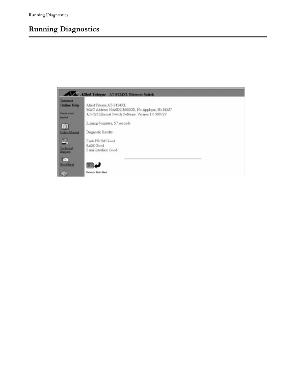 Running diagnostics, Menu, Figure 51 the diagnostics screen | Running diagnostics -2, 5xqqlqj#'ldjqrvwlfv | Allied Telesis AT-S21 User Manual | Page 76 / 90
