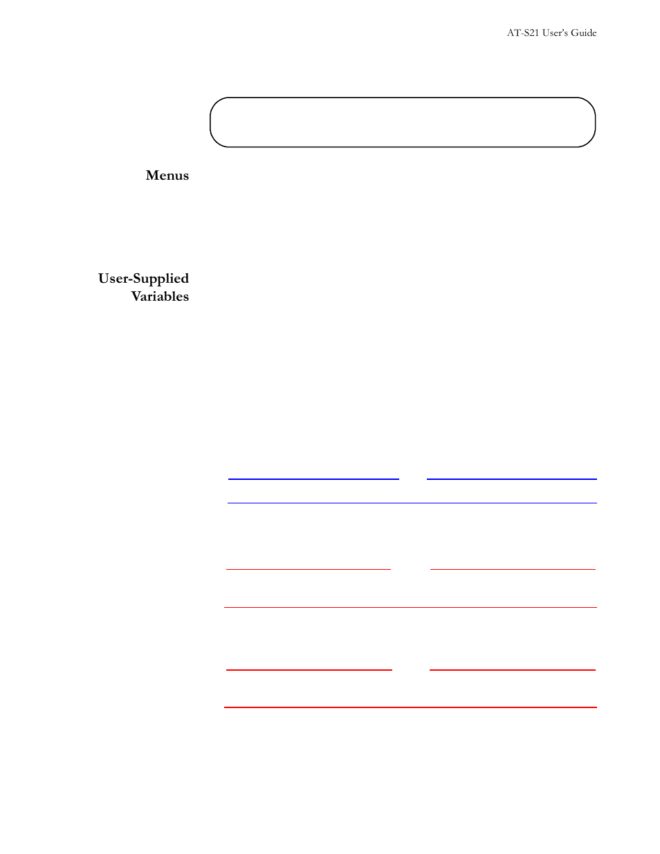 Menus, User-supplied variables, Notes provide additional information | Allied Telesis AT-S21 User Manual | Page 9 / 90