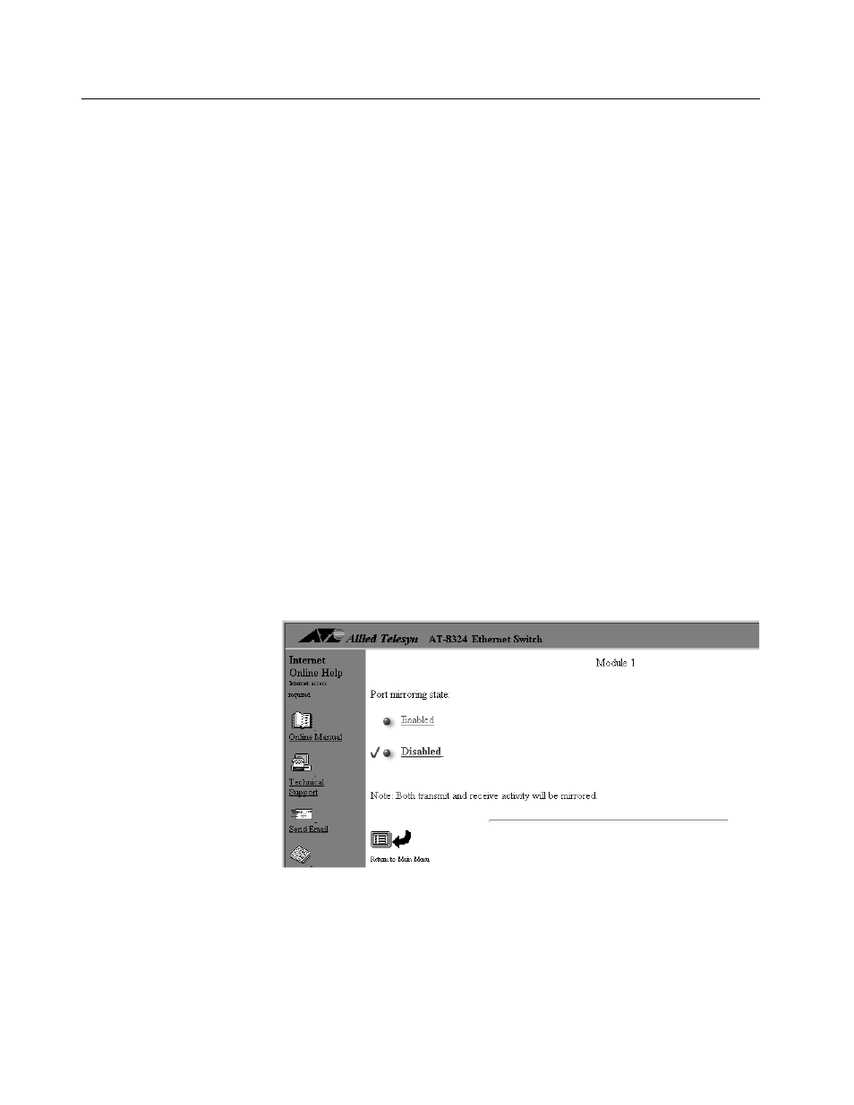 Configuring a port mirror, Enabling port mirroring | Allied Telesis AT-S25 User Manual | Page 76 / 166