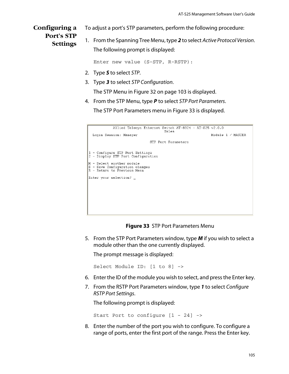 Configuring a port’s stp settings, Go to configuring a port’s stp | Allied Telesis AT-S25 User Manual | Page 105 / 277