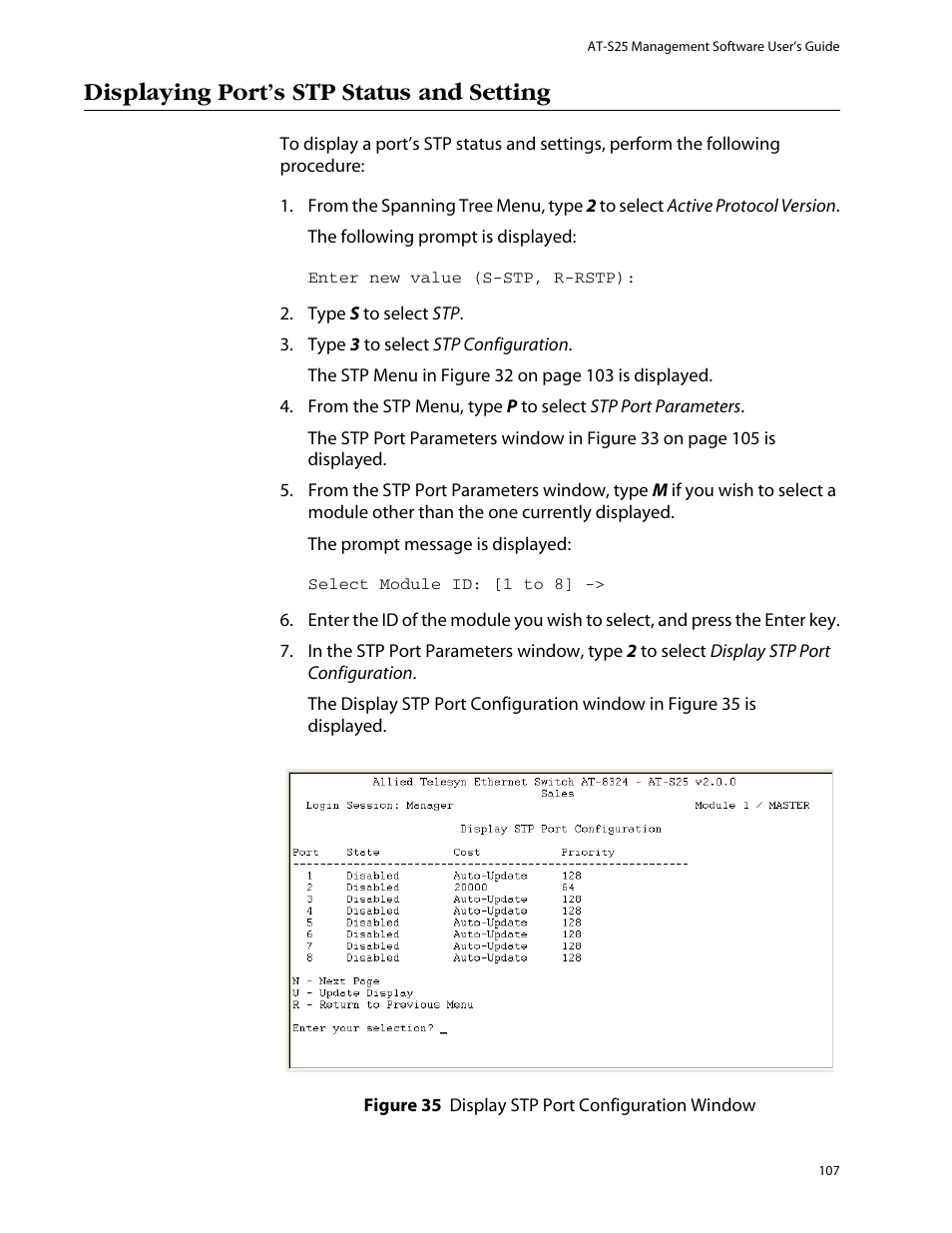 Displaying port’s stp status and setting | Allied Telesis AT-S25 User Manual | Page 107 / 277