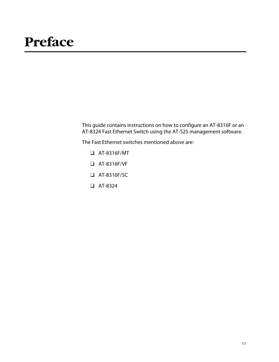 Preface | Allied Telesis AT-S25 User Manual | Page 11 / 277