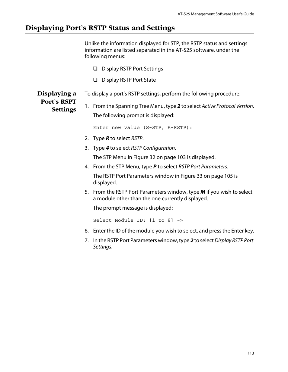 Displaying port’s rstp status and settings, Displaying a port’s rspt settings | Allied Telesis AT-S25 User Manual | Page 113 / 277