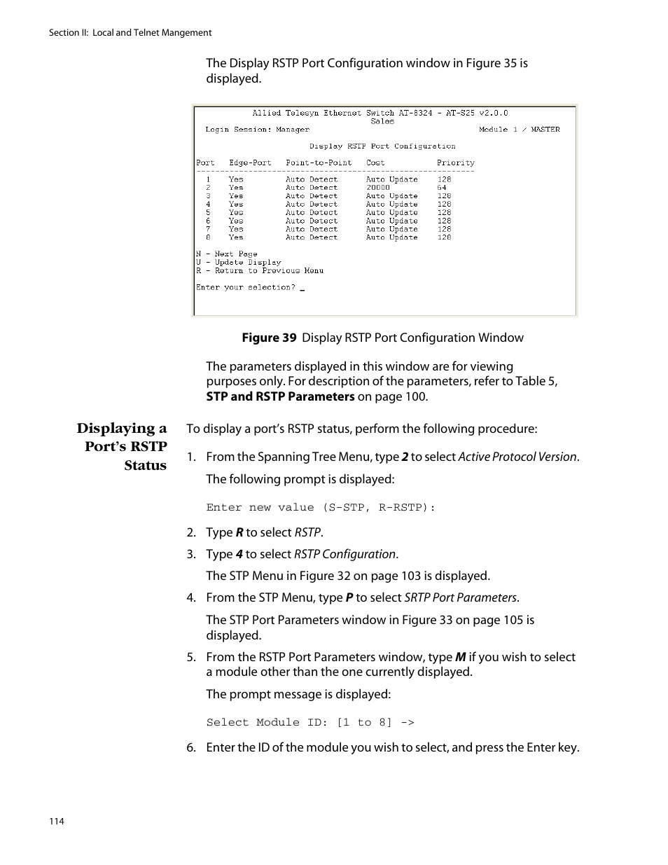 Displaying a port’s rstp status | Allied Telesis AT-S25 User Manual | Page 114 / 277