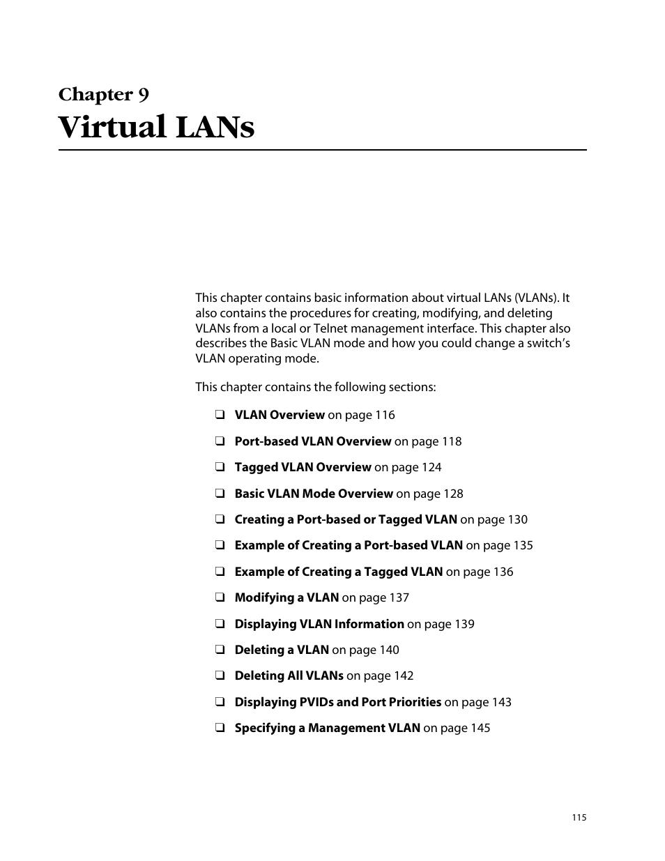 Chapter 9, Virtual lans, Chapter 9 virtual lans | Allied Telesis AT-S25 User Manual | Page 115 / 277