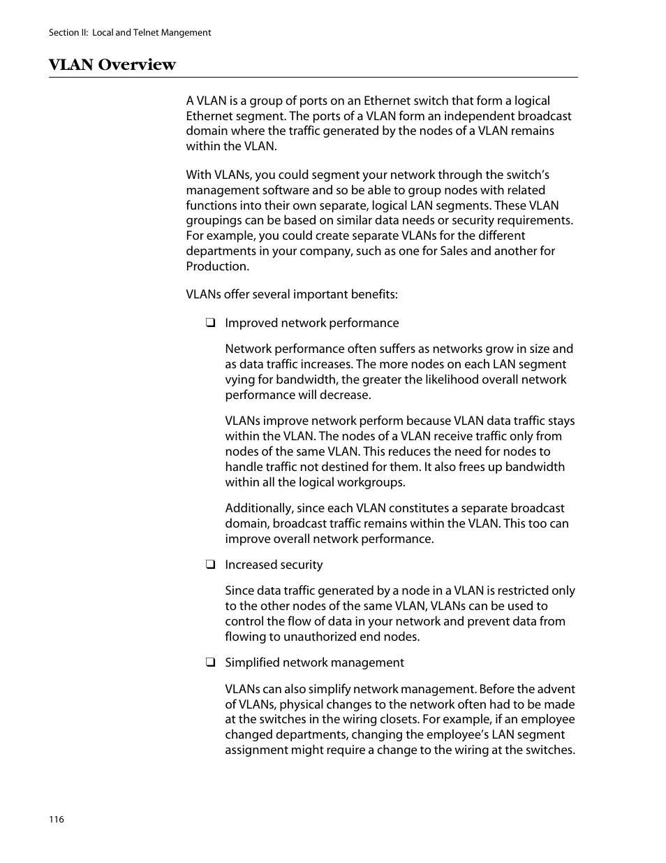 Vlan overview | Allied Telesis AT-S25 User Manual | Page 116 / 277