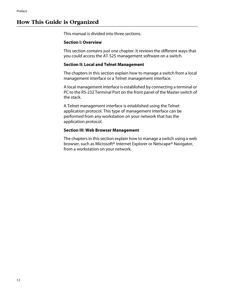 How this guide is organized | Allied Telesis AT-S25 User Manual | Page 12 / 277
