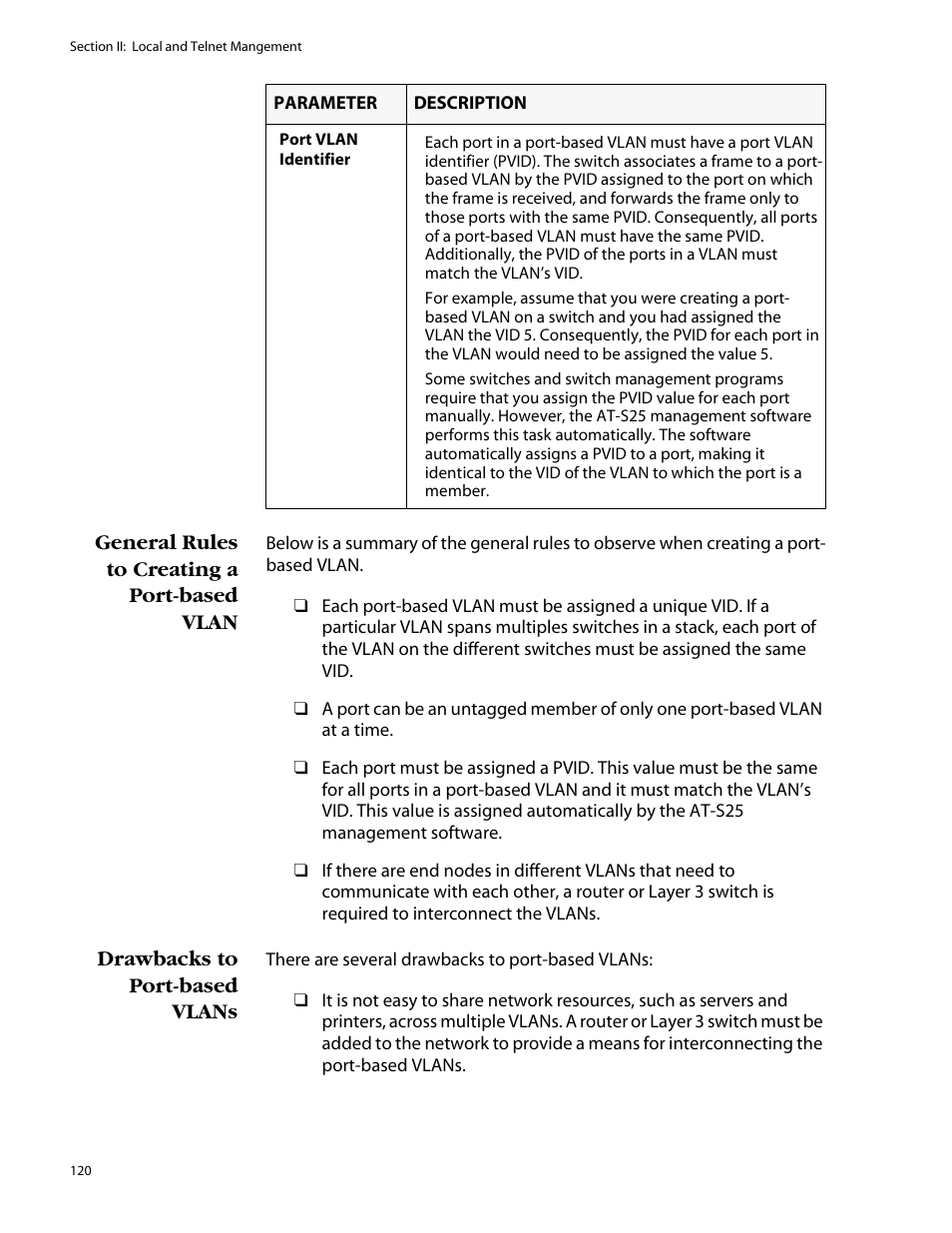 General rules to creating a port-based vlan, Drawbacks to port-based vlans | Allied Telesis AT-S25 User Manual | Page 120 / 277