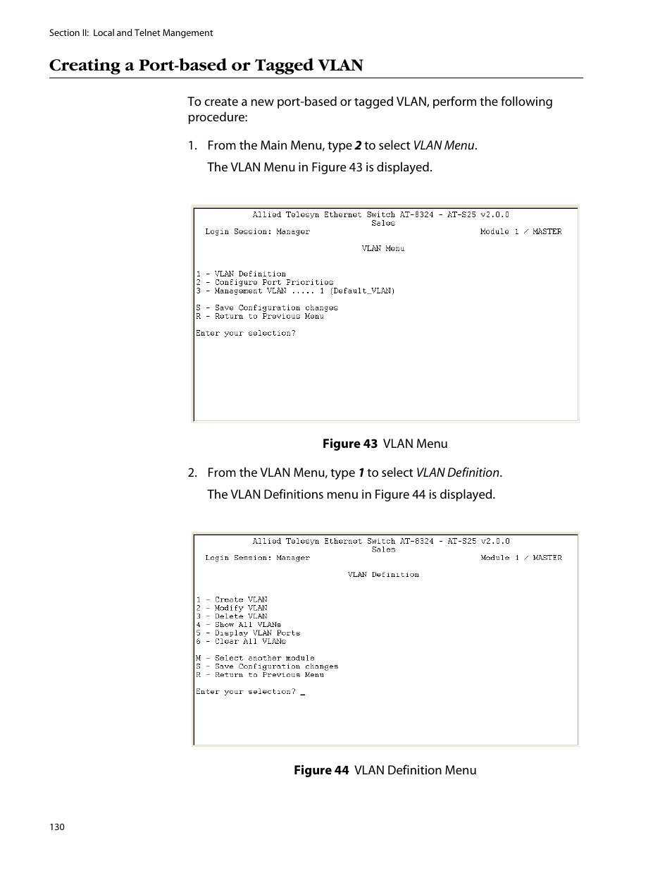 Creating a port-based or tagged vlan | Allied Telesis AT-S25 User Manual | Page 130 / 277