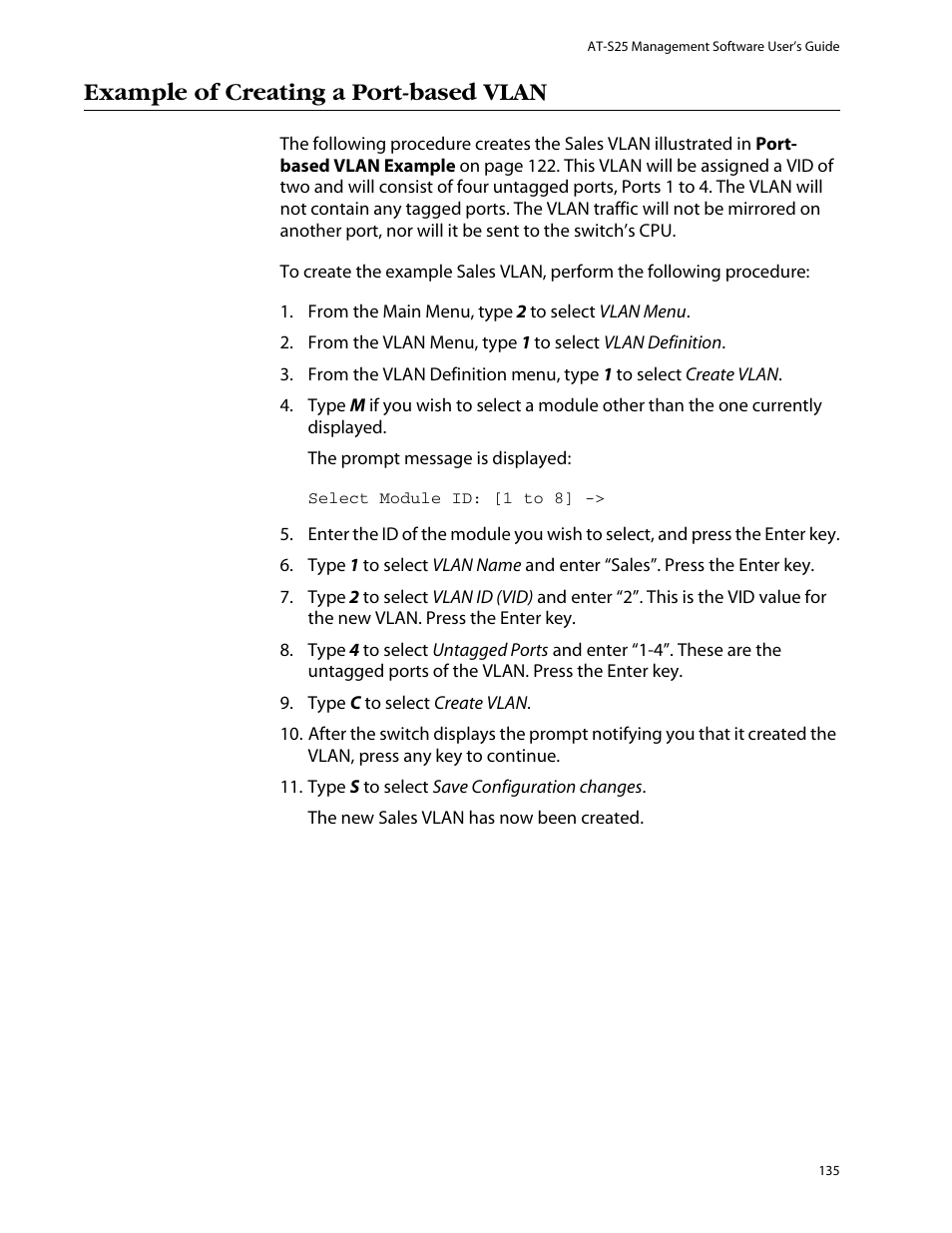 Example of creating a port-based vlan | Allied Telesis AT-S25 User Manual | Page 135 / 277