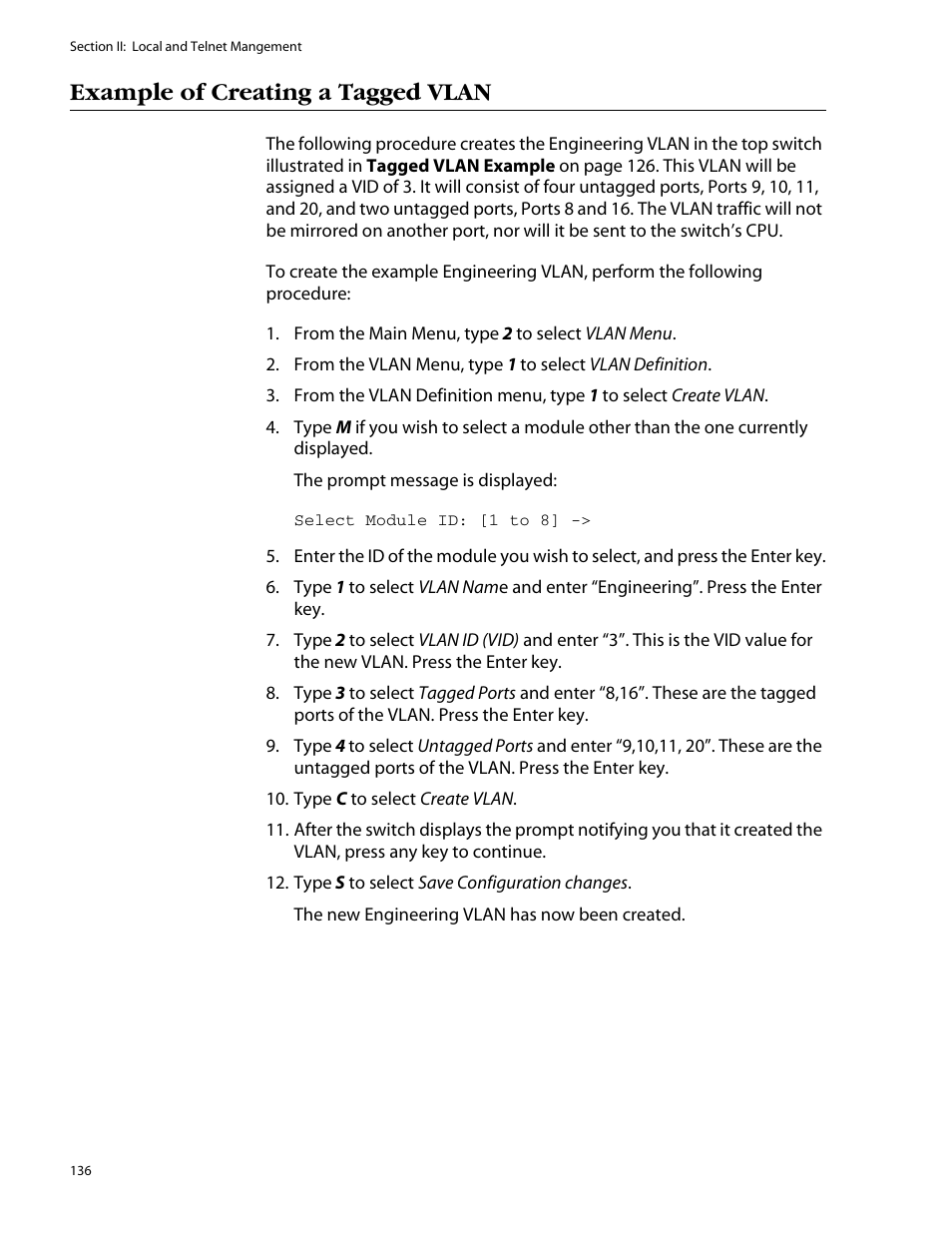 Example of creating a tagged vlan | Allied Telesis AT-S25 User Manual | Page 136 / 277