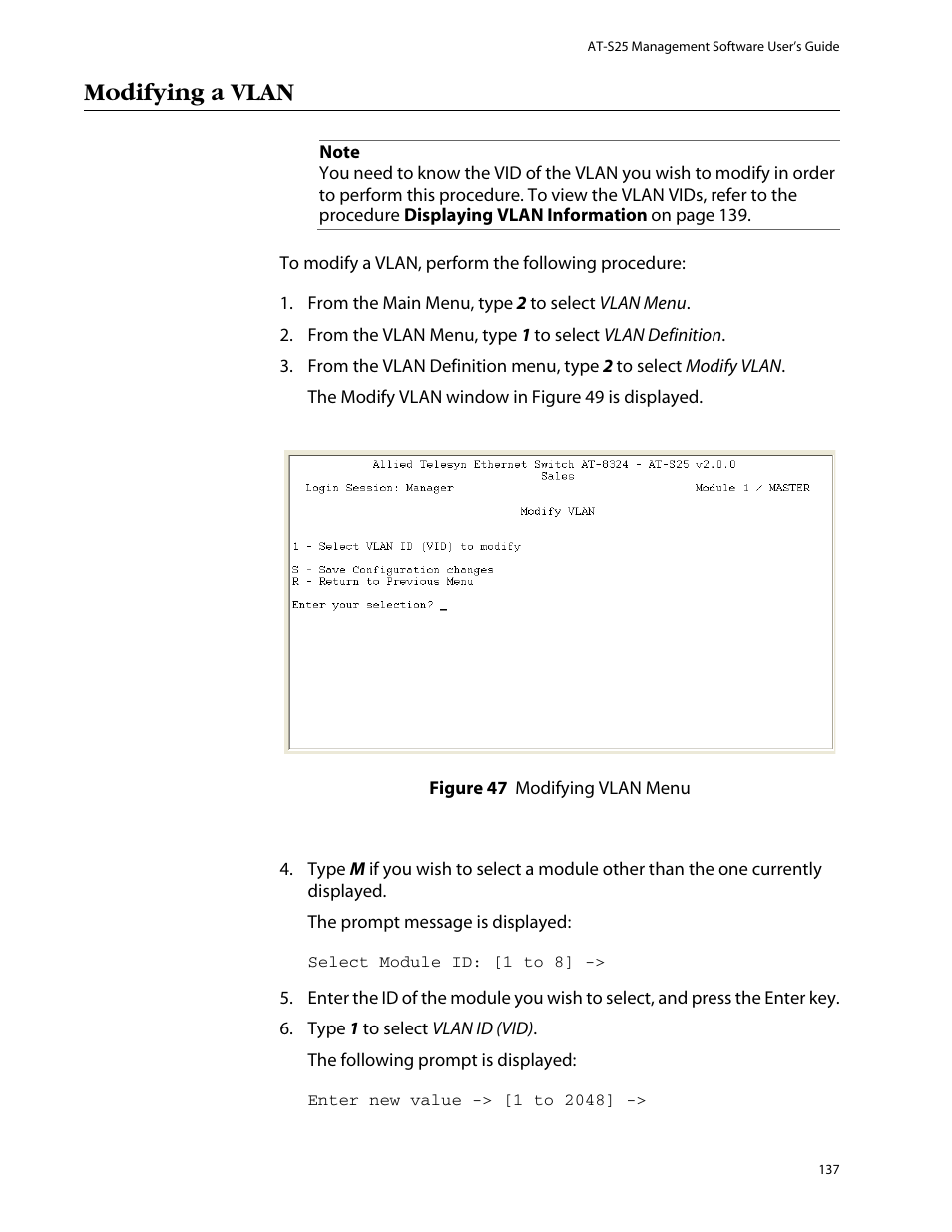 Modifying a vlan | Allied Telesis AT-S25 User Manual | Page 137 / 277
