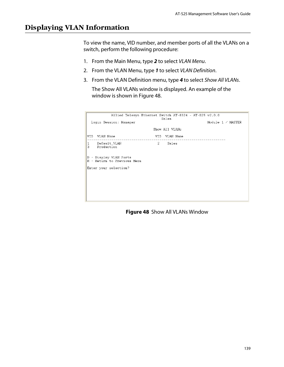Displaying vlan information | Allied Telesis AT-S25 User Manual | Page 139 / 277