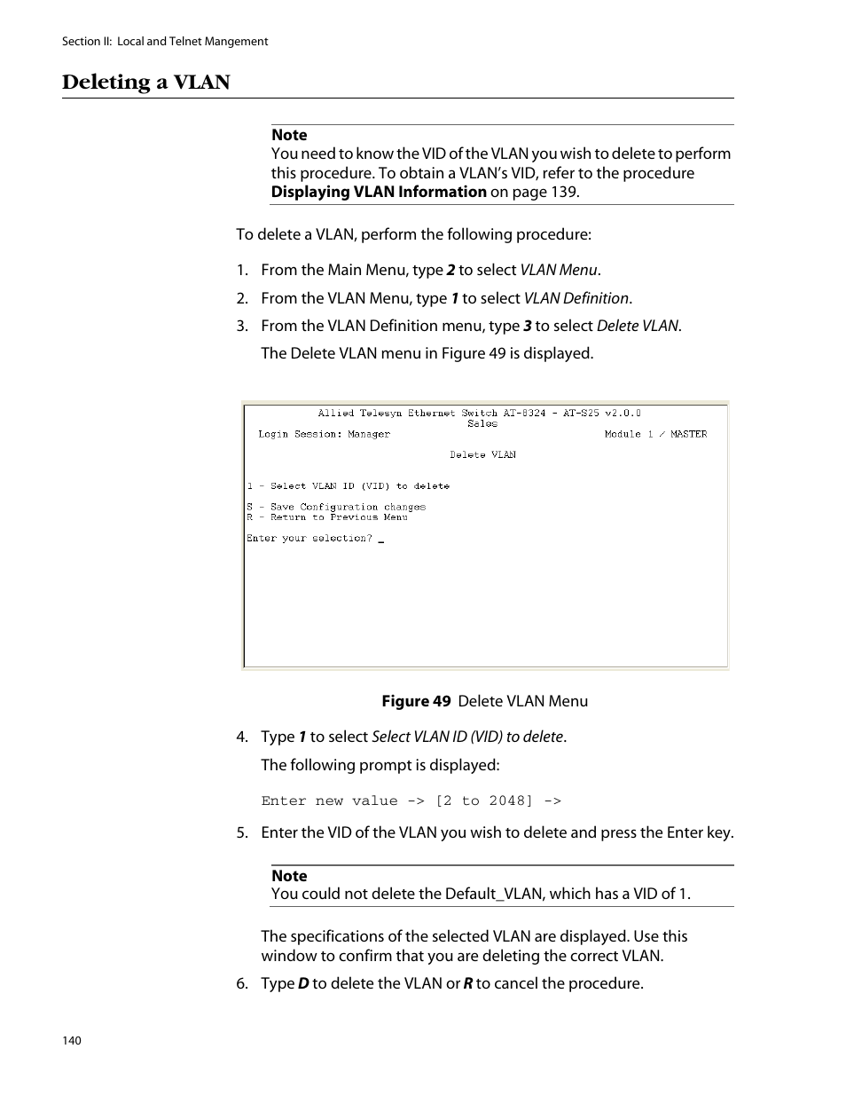 Deleting a vlan | Allied Telesis AT-S25 User Manual | Page 140 / 277