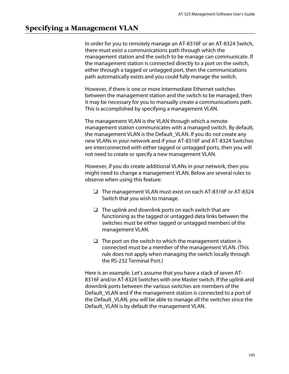 Specifying a management vlan | Allied Telesis AT-S25 User Manual | Page 145 / 277