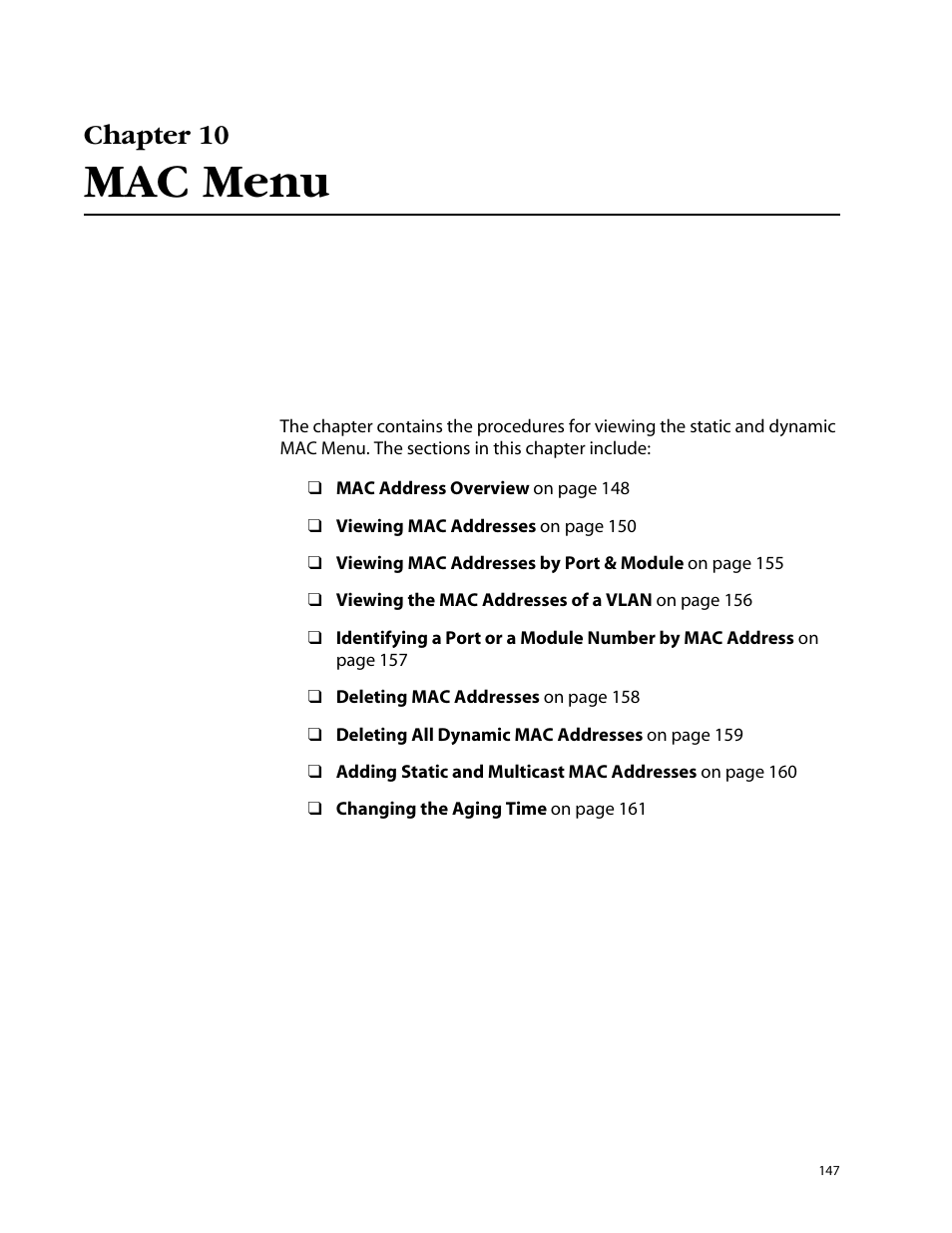 Chapter 10, Mac menu, Chapter 10 mac menu | Allied Telesis AT-S25 User Manual | Page 147 / 277