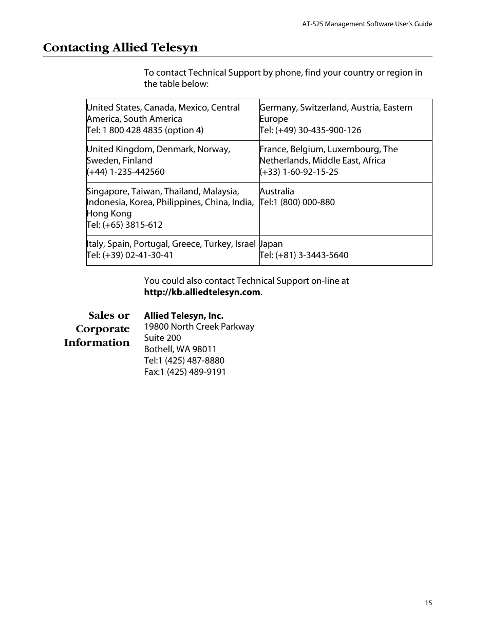 Contacting allied telesyn, Sales or corporate information | Allied Telesis AT-S25 User Manual | Page 15 / 277