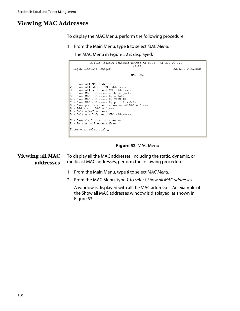 Viewing mac addresses, Viewing all mac addresses | Allied Telesis AT-S25 User Manual | Page 150 / 277