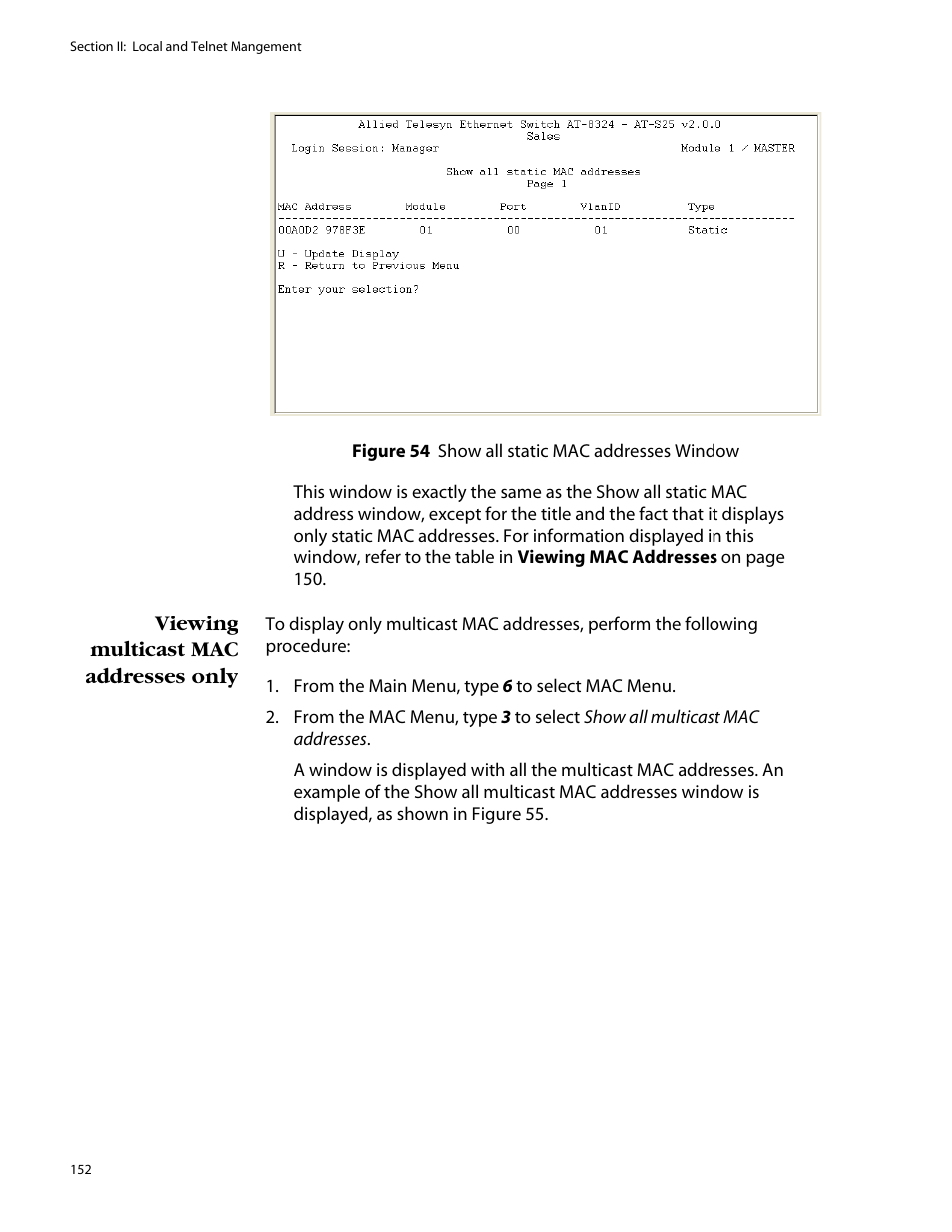 Viewing multicast mac addresses only | Allied Telesis AT-S25 User Manual | Page 152 / 277