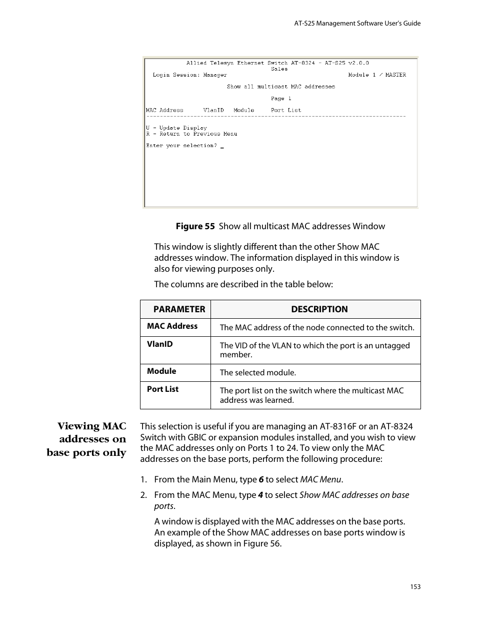 Viewing mac addresses on base ports only | Allied Telesis AT-S25 User Manual | Page 153 / 277