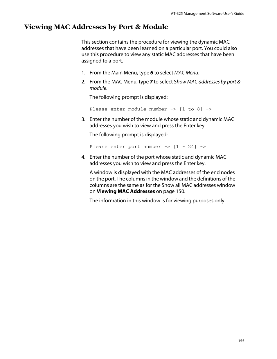 Viewing mac addresses by port & module | Allied Telesis AT-S25 User Manual | Page 155 / 277