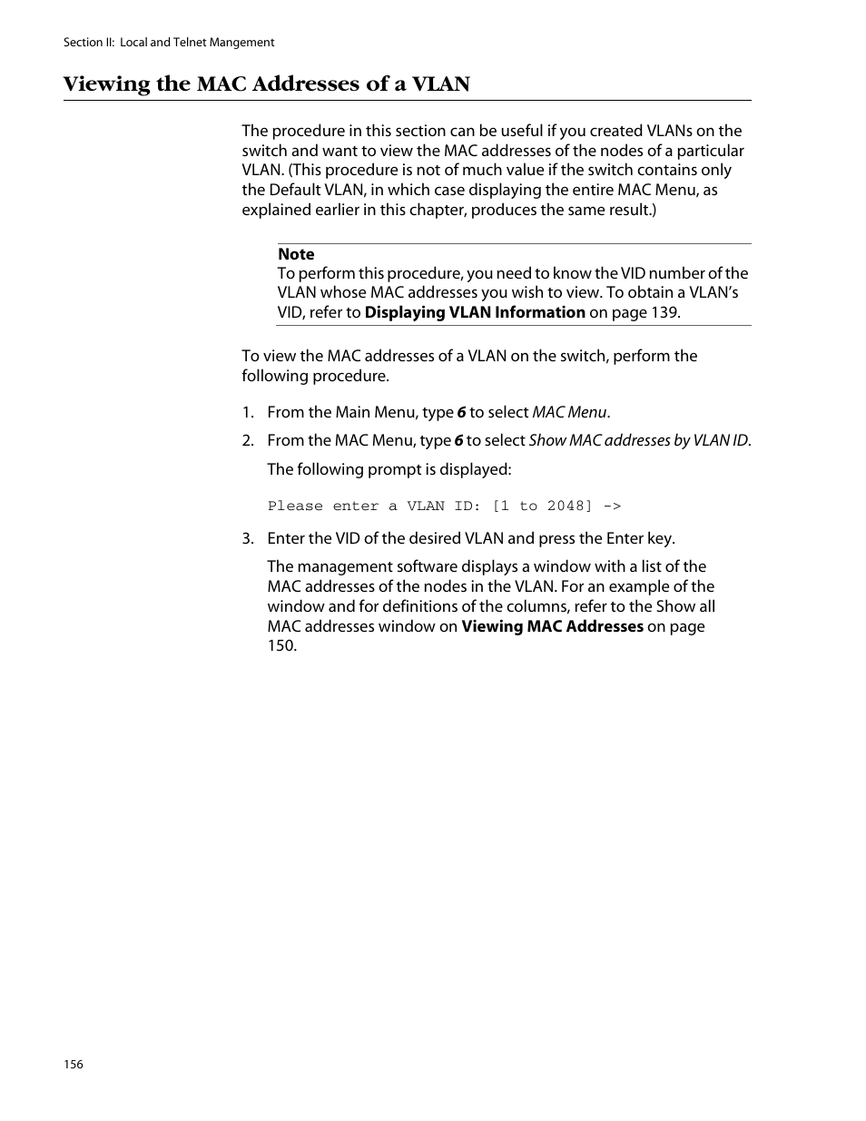 Viewing the mac addresses of a vlan | Allied Telesis AT-S25 User Manual | Page 156 / 277